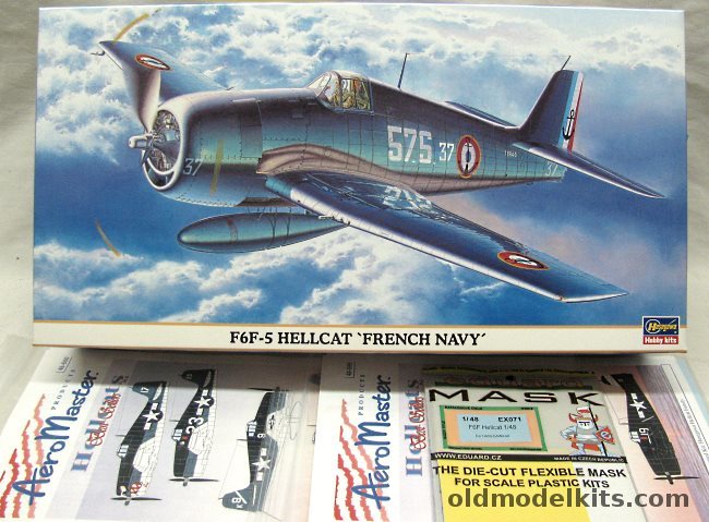 Hasegawa 1/48 Grumman F6F-5 Hellcat + 2x AeroMaster US Navy Decal Sheets + Eduard Mask Set - French Navy Escadrille 57S or Flottille 1F, 09600 plastic model kit